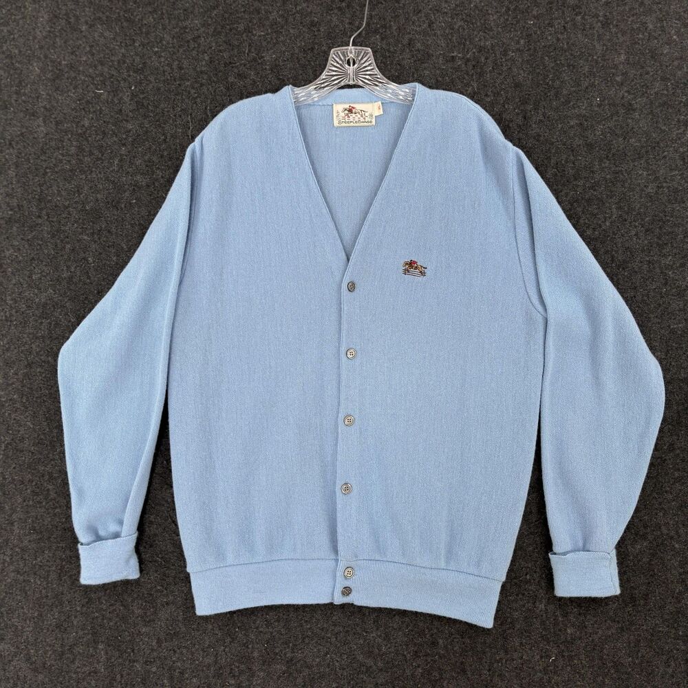 Vintage Steeplechase Sweater Men's XL Baby Blue Knit Cardigan Horse Made USA 80s